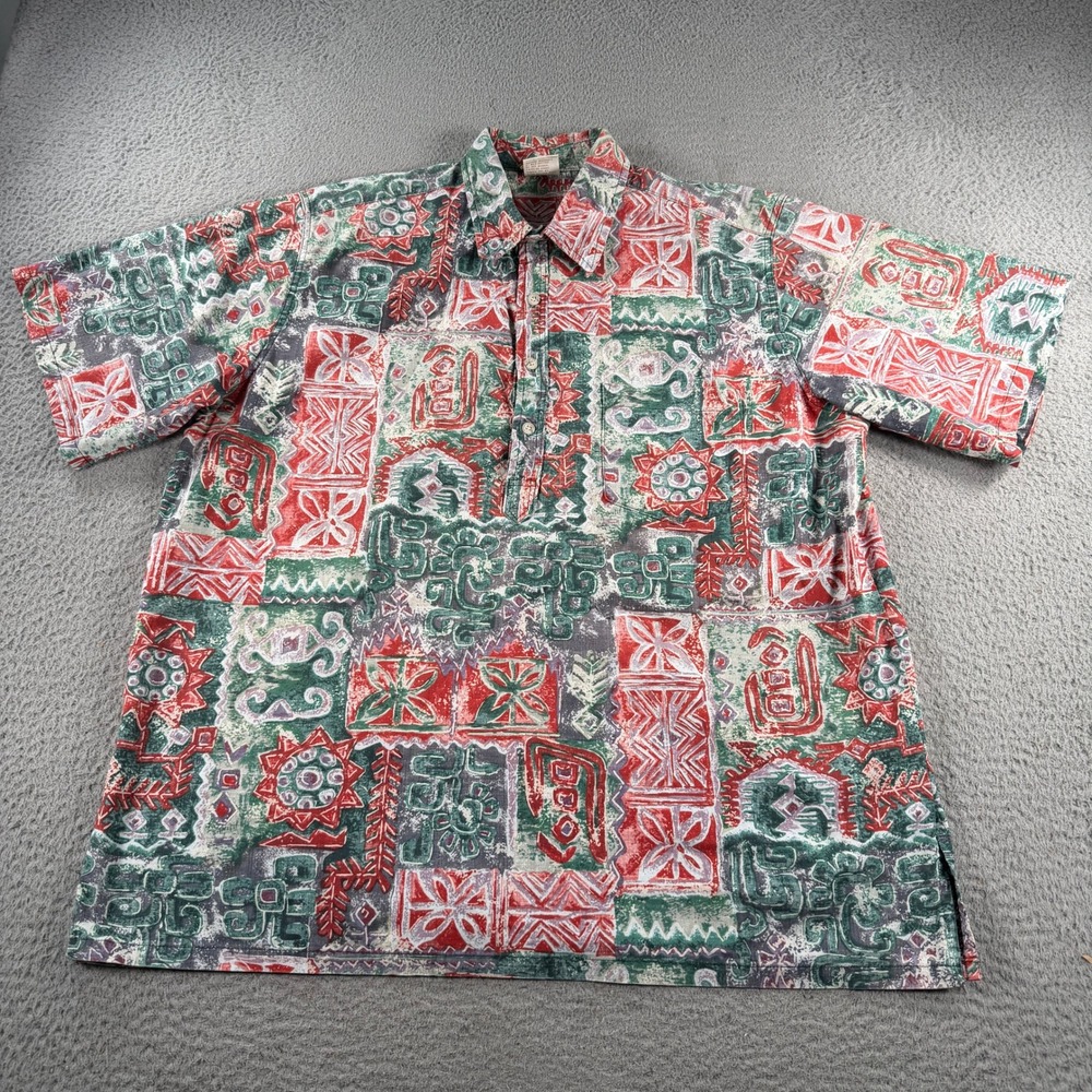 VTG Go Barefoot Shirt Mens 2XL Red Green Tribal Geometric Block Print Popover